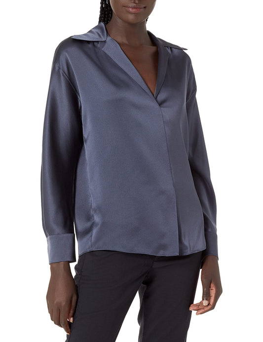 Vince Long Sleeve Shaped Collar Silk Pullover Blouse in Dark Water - Size Medium