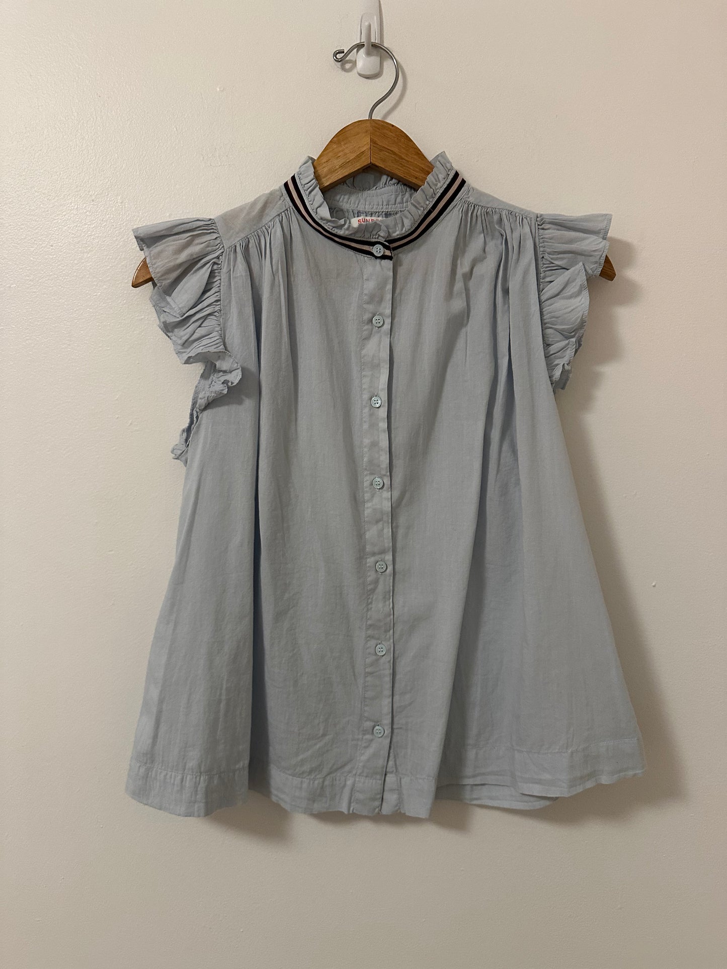 Sundry Light Blue Button Up Ruffle Sleeve Top | Size Small