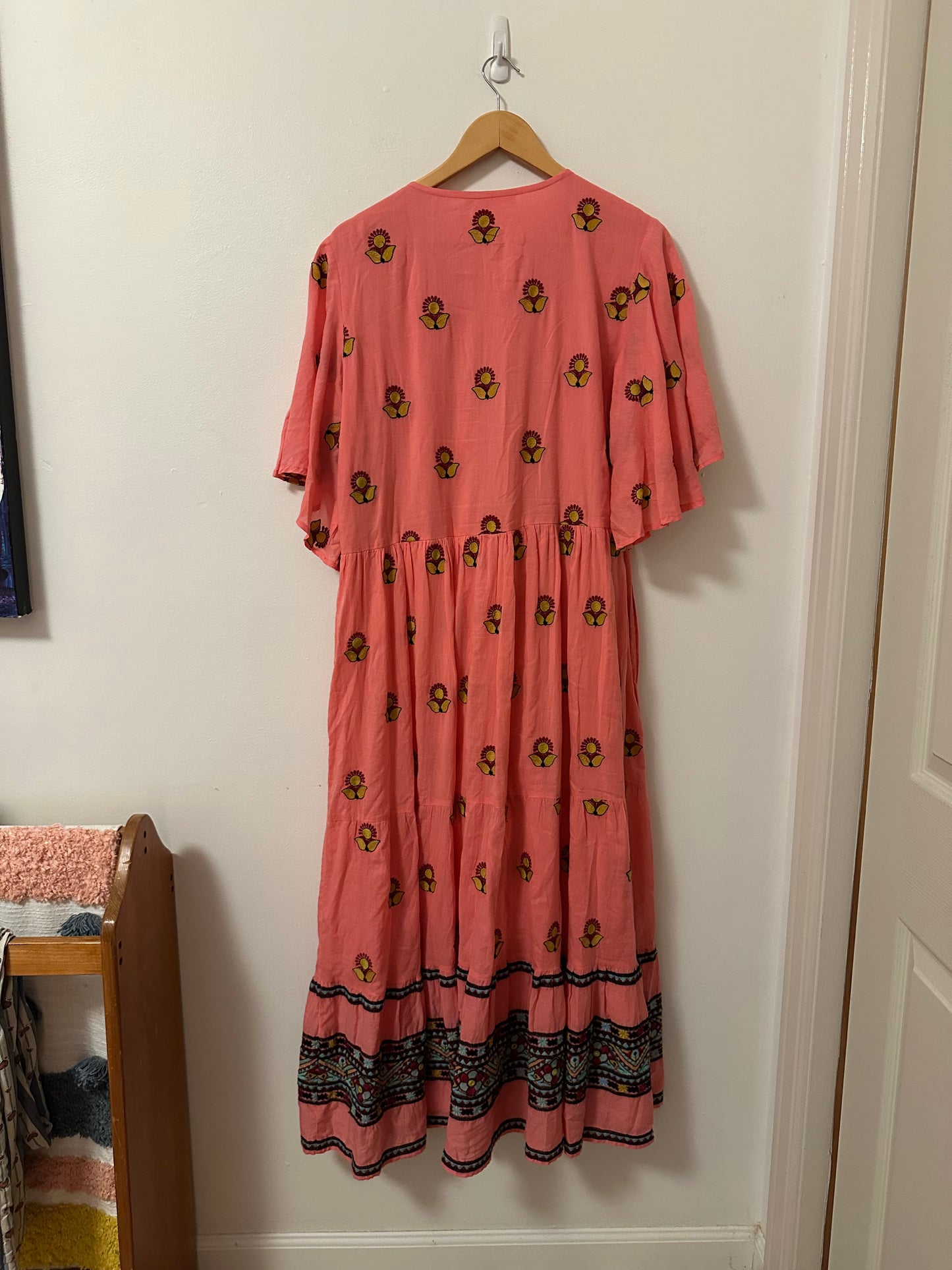 Oliphant Flirty V-Neck Embroidered Maxi Dress in Santa Fe Pink | Size XL