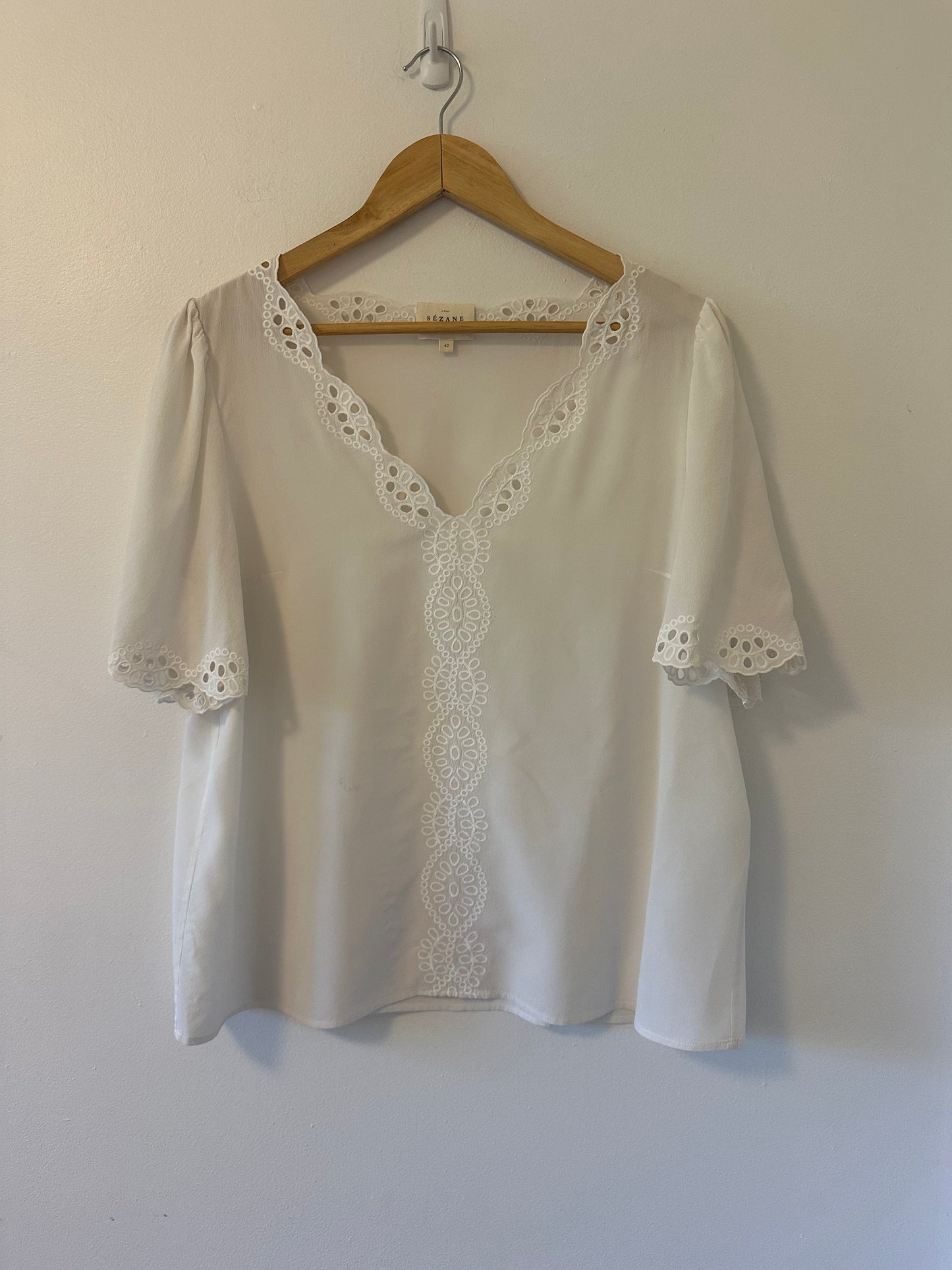 Sezane White Lace Trim Silk Blouse | Size 10 EU 42