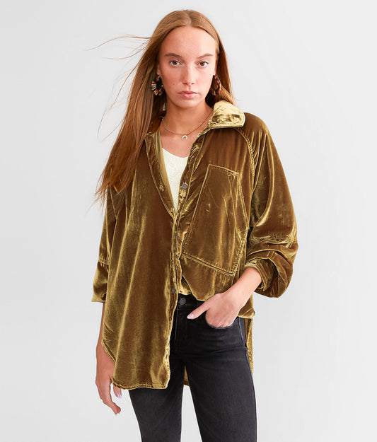 Free People We The Free Night Skies Velvet Blouse in Golden Brown - Size Medium