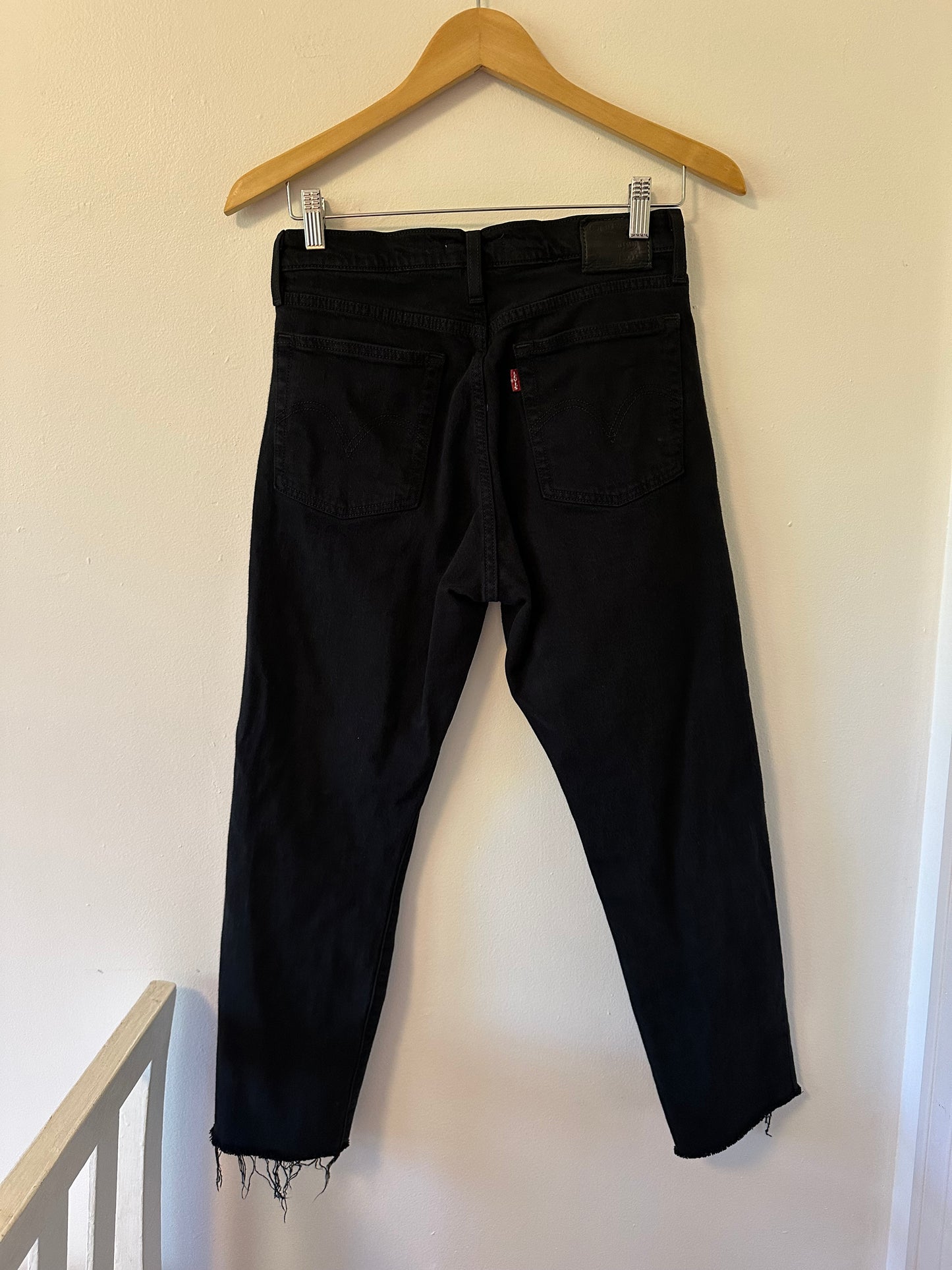 Levi's - Black Ripped and Distressed Wedgie Tapered Jeans with Raw Hem | Size 27