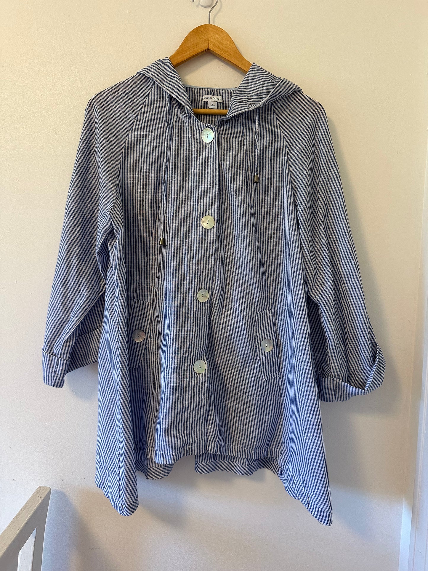 Sigrid Olsen Blue and White Striped Hooded Lightweight Tunic - Size Large