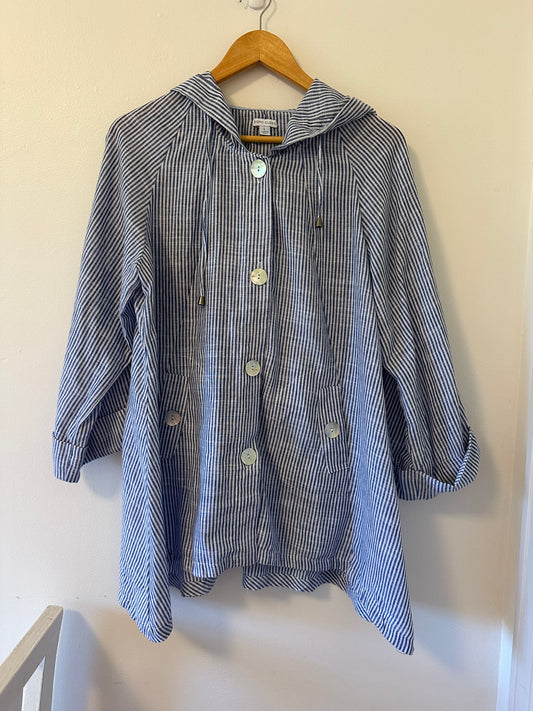 Sigrid Olsen Blue and White Striped Hooded Lightweight Tunic - Size Large