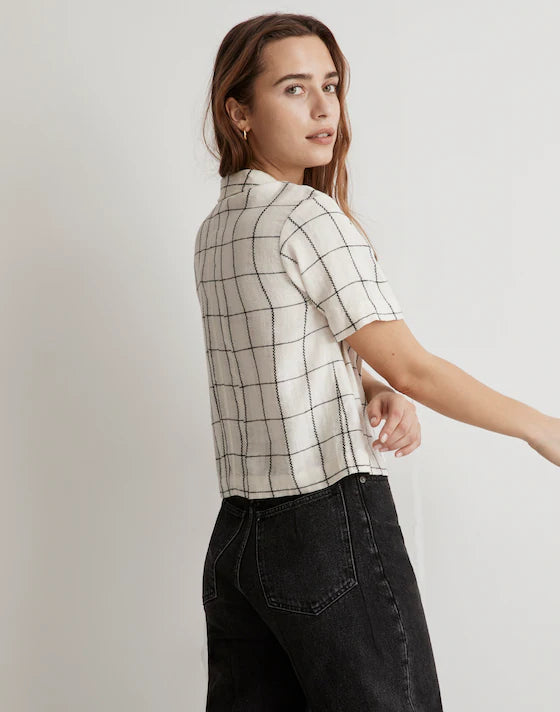 Madewell Linen-Blend Resort Crop Shirt in Windowpane | Size XS