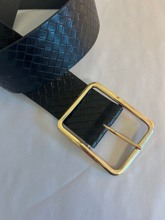 Black Woven Leather Belt with Gold Buckle
