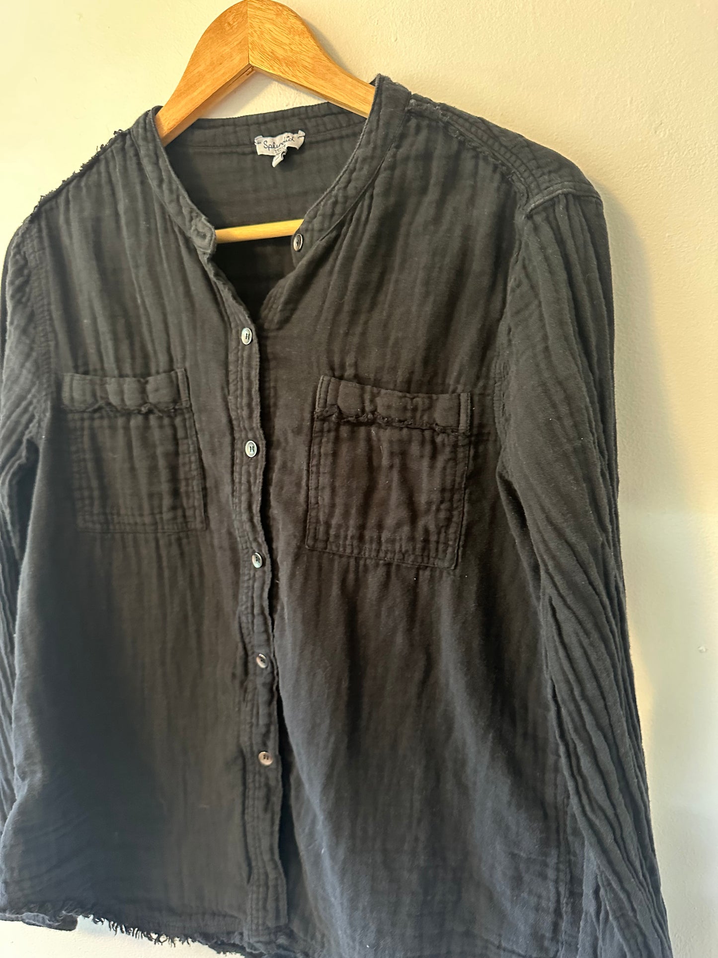 Splendid Black Cotton Gauze Collarless Button-Up Blouse | Size Medium