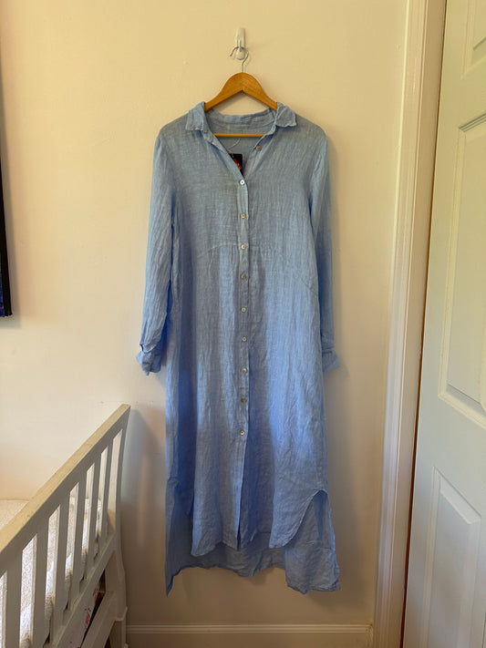 Olivier Breil Light Blue Linen Button-Up Maxi Dress
