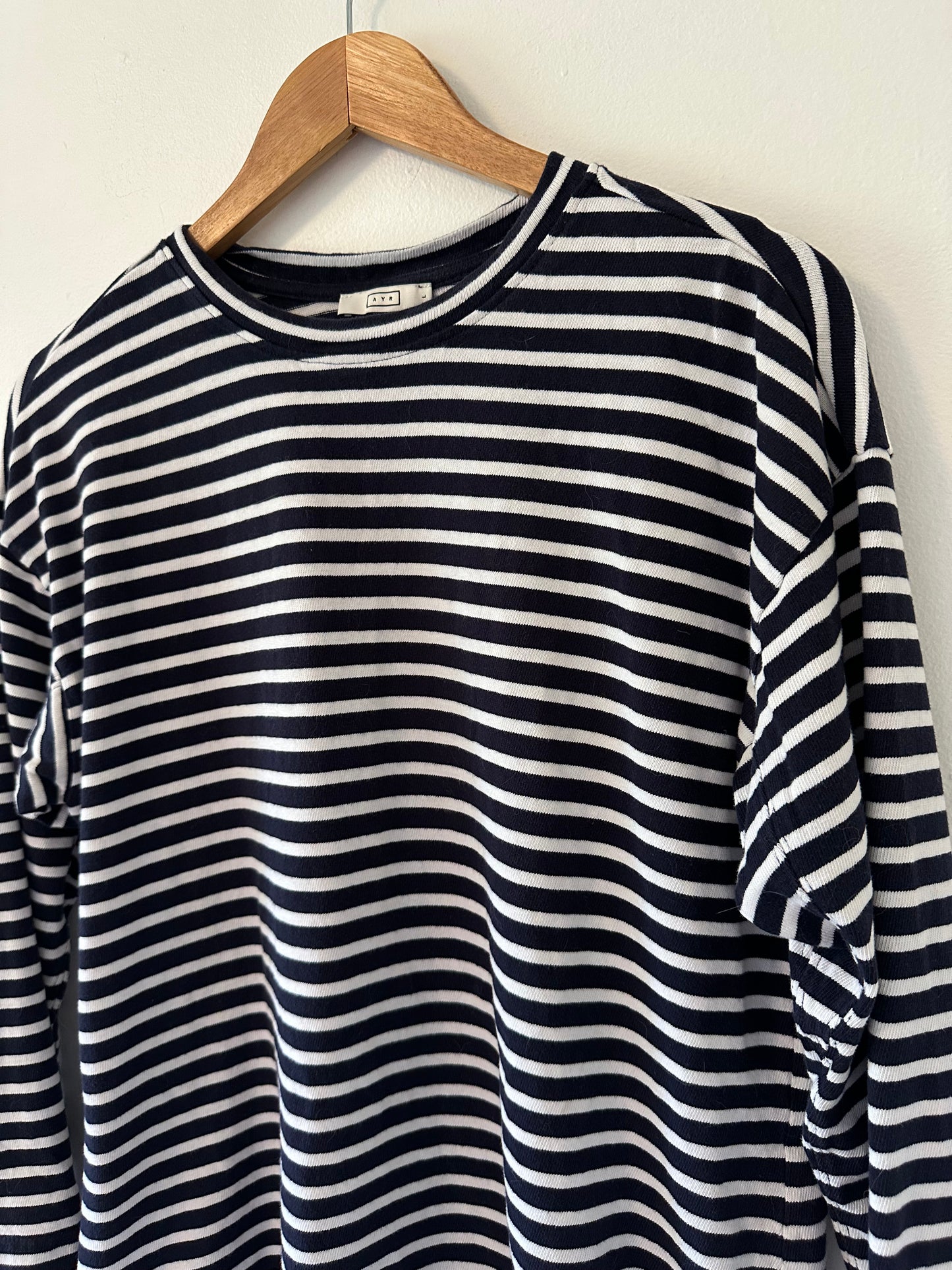 AYR The French Fry Long Sleeve T-Shirt in Navy and White Stripes | Size Large