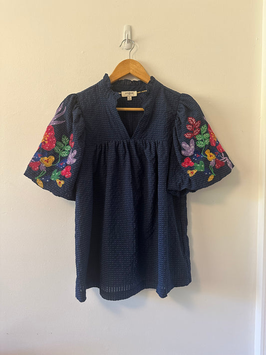 Umgee Navy Puff Sleeve Blouse with Embroidery | Size Small