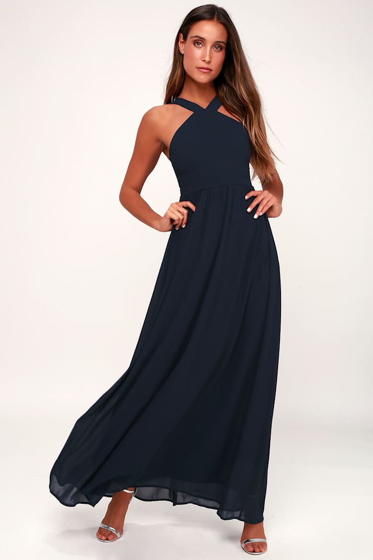 NWT Lulus Air of Romance Navy Blue Maxi Dress | Size Small