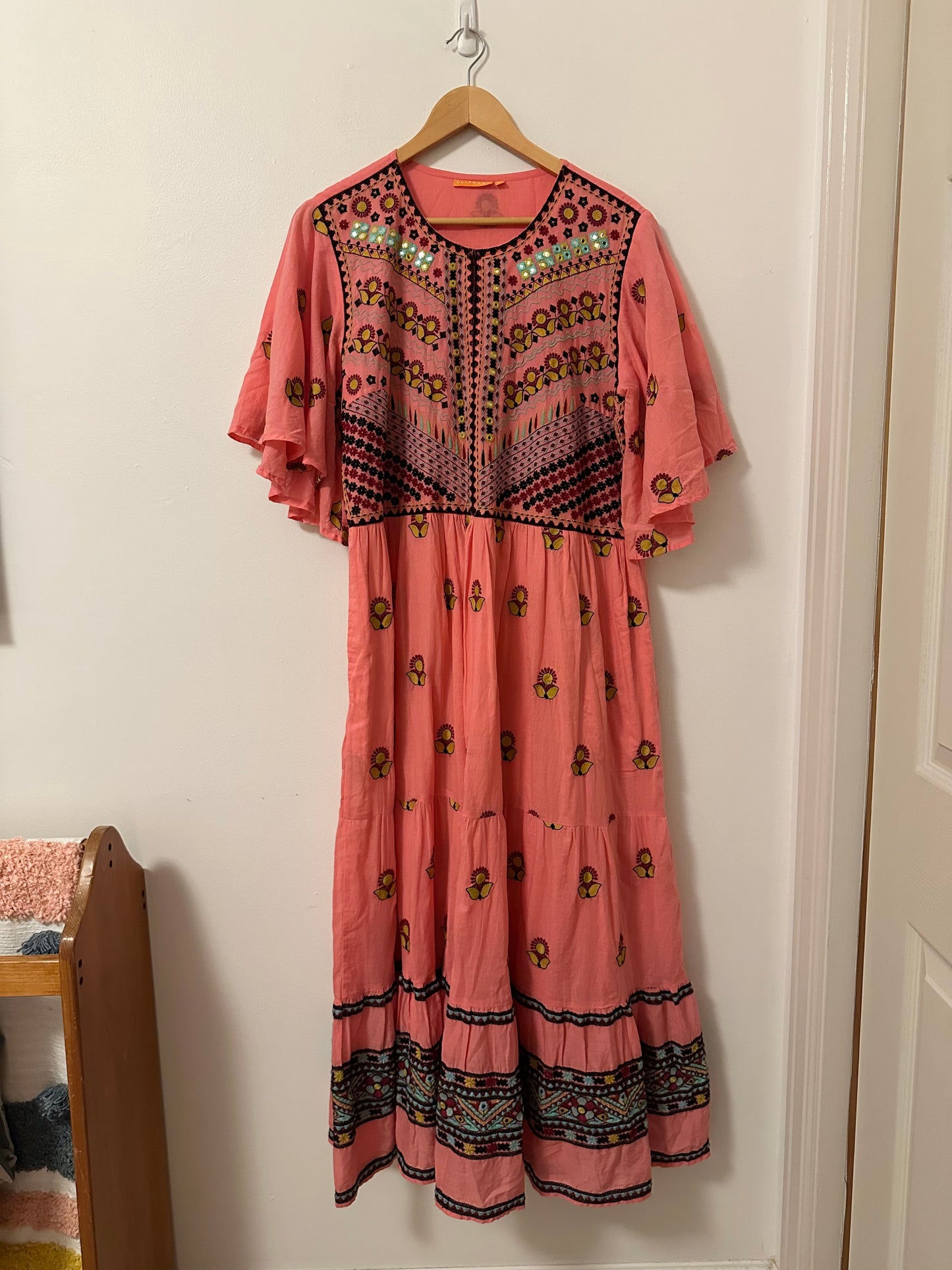 Oliphant Flirty V-Neck Embroidered Maxi Dress in Santa Fe Pink | Size XL