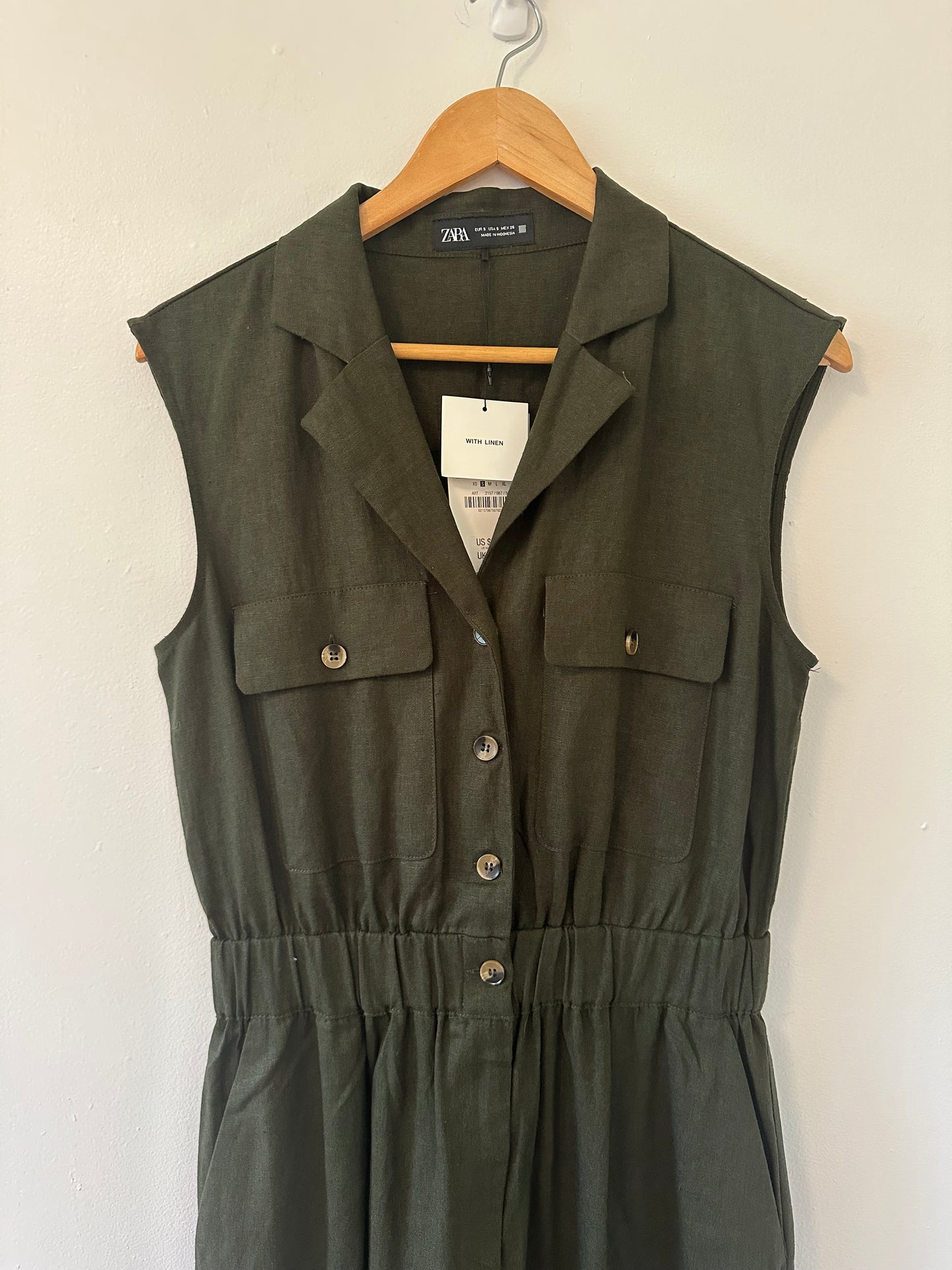 NWT Zara Olive Green Sleeveless Linen Jumpsuit Size Small