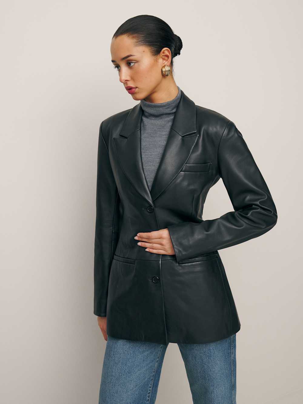 Reformation Veda Hal Fitted Leather Blazer in Black - Size XL