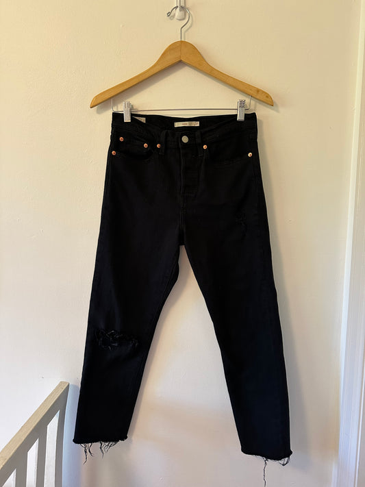 Levi's - Black Ripped and Distressed Wedgie Tapered Jeans with Raw Hem | Size 27