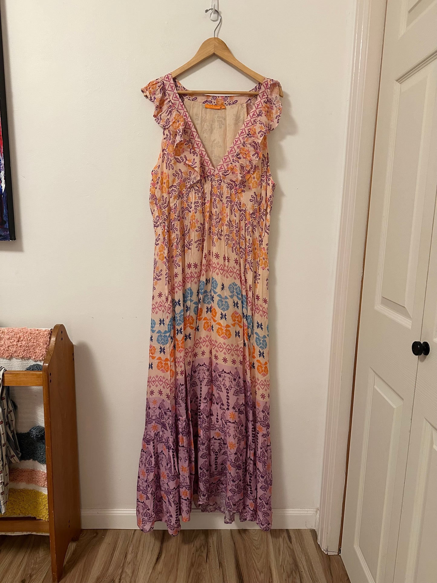Oliphant Ruffle V-Neck Purple and Orange Floral Maxi Dress | Size 2XL