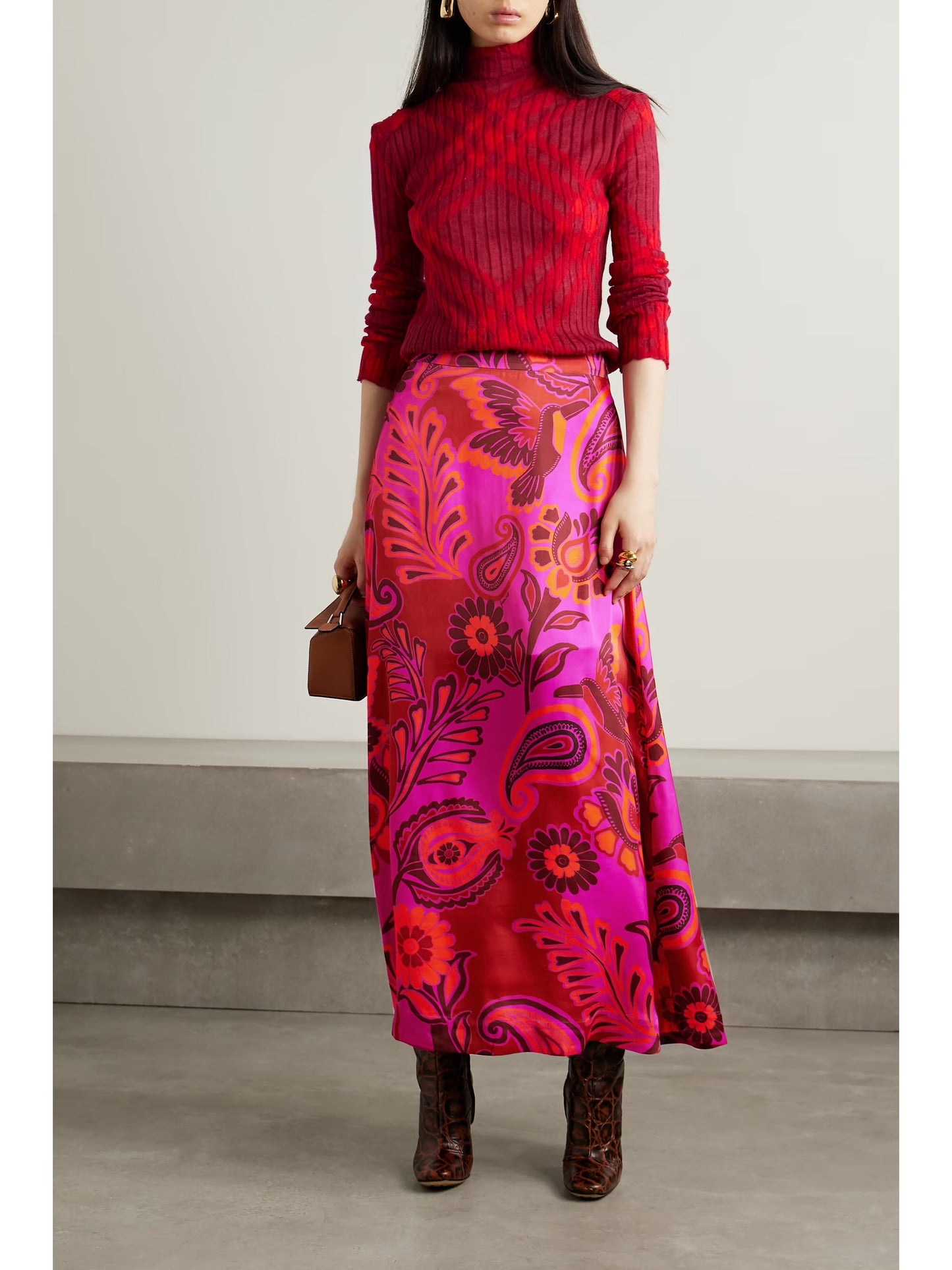 FARM Rio Bold Floral Satin Maxi Skirt | Size Large