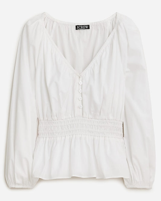 J. Crew V-Neck Cotton Blouse with Smocked Waist in White | Size Small