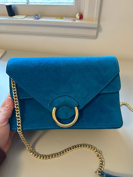 Banana Republic Bright Blue Suede Crossbody Bag with Gold Hardware and Chain