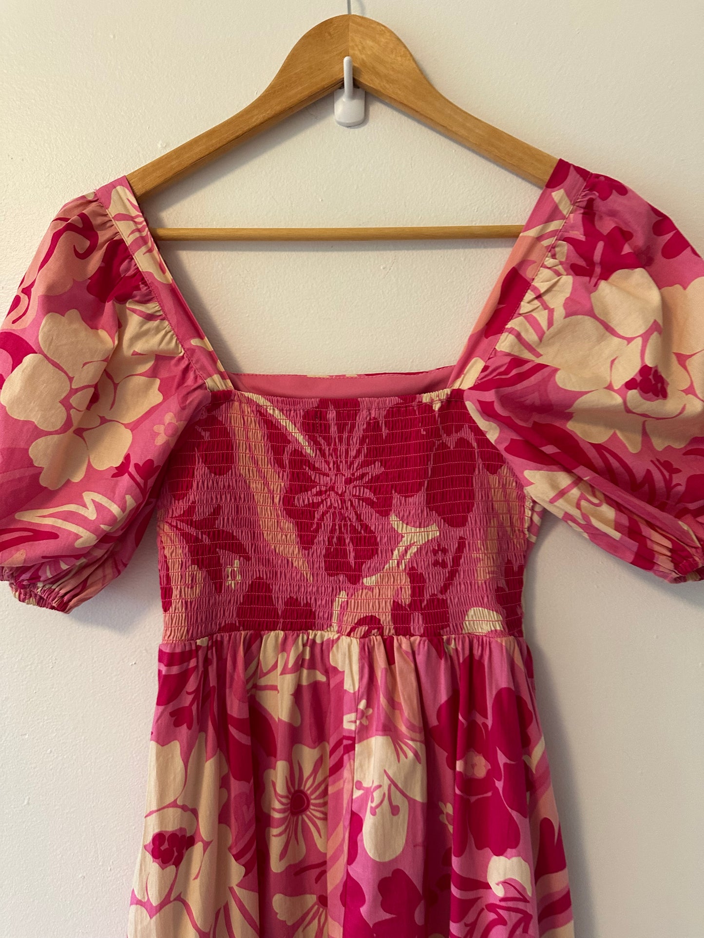 Crystal Sky - Pink Floral Midi Puff Sleeve Ruffle Cotton Midi Dress | Size XS