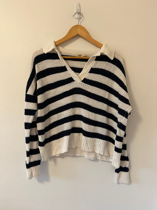 Faherty Navy and White V-Neck Striped Polo Sweater | Size XS
