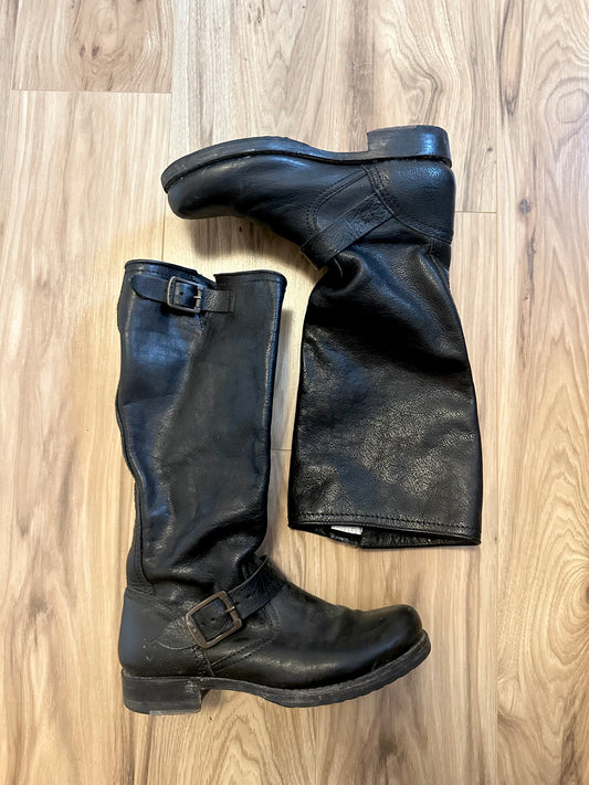 Frye Veronica Slouch Black Leather Pull On Buckle Boots | Size 6