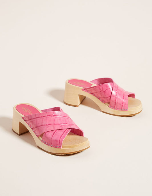 Swedish Hasbeens Anette Heeled Pink Block Clog Sandals | Size 40
