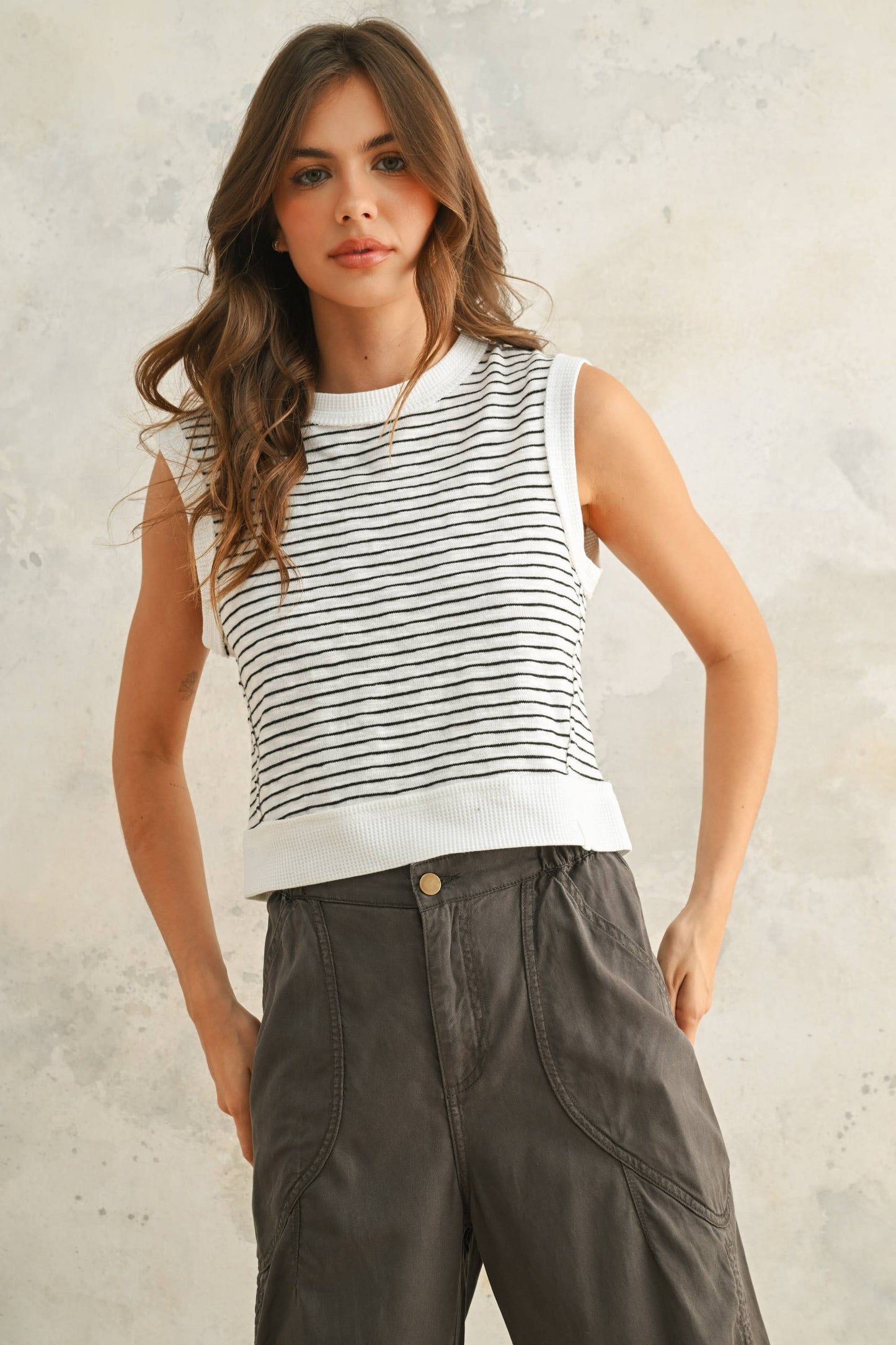 Miou Muse Striped Sleeveless Top - Black and White - Size Small