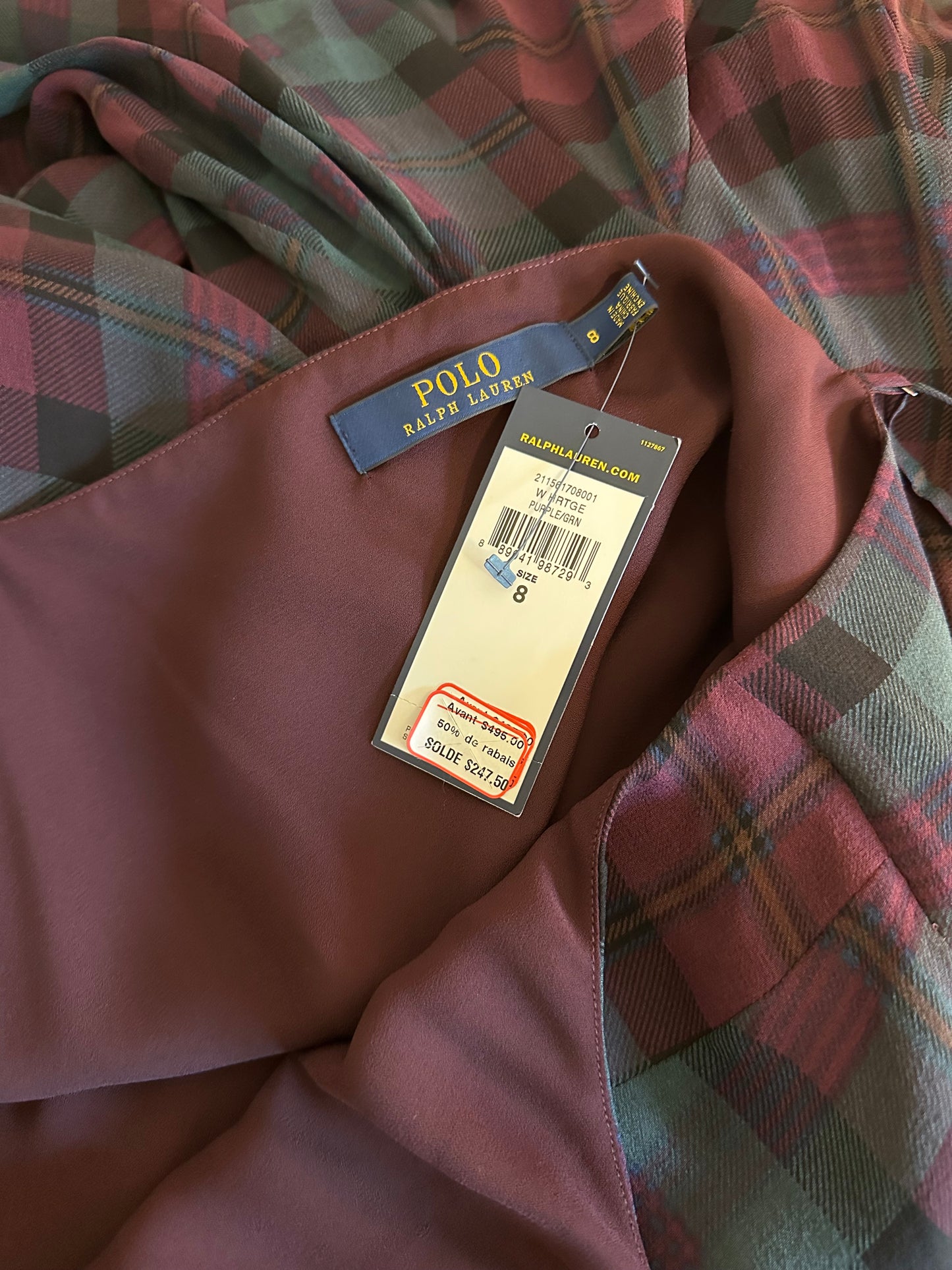 NWT Polo Ralph Lauren Silk Plaid Spaghetti Strap Dress Size 8