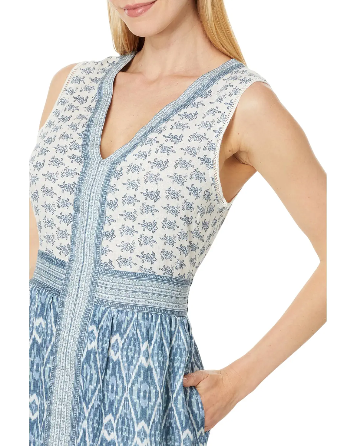 NWT Faherty Macey Blue and White Sleeveless Linen Dress | Size XL