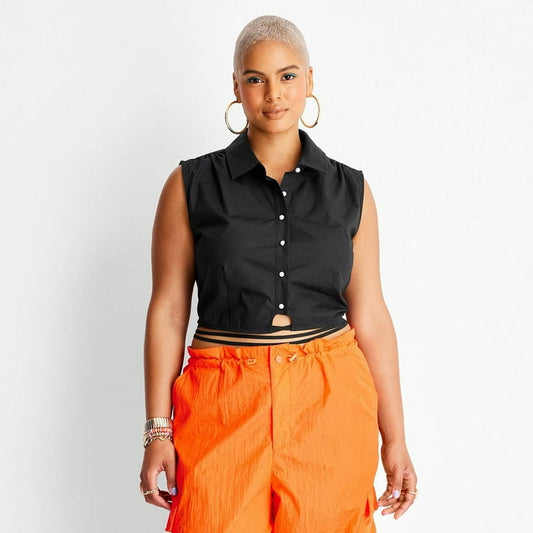 NWT Future Collective Black Sleeveless Button-Down Shirt with Tie Waist - Size Medium