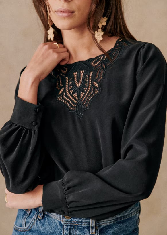 Sezane Carlotta Black Silk Blouse with Lace Neckline Accent | Size US 10 / EU 42