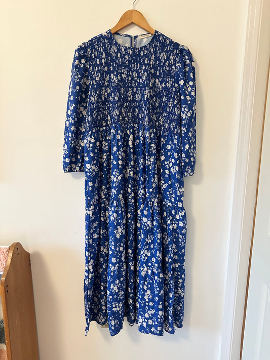Sunday Up Smocked Bodice Blue and White Floral Dress | Size Large