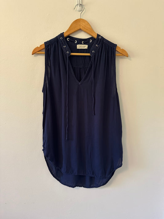 Bella Dahl Navy Sleeveless Blouse with Lacing Around The Collar | Size Medium