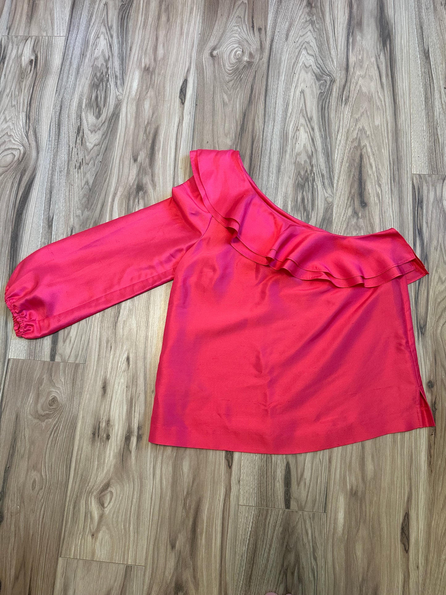 J. Crew Silk Shantung One-Shoulder Ruffle Blouse in Brilliant Poppy