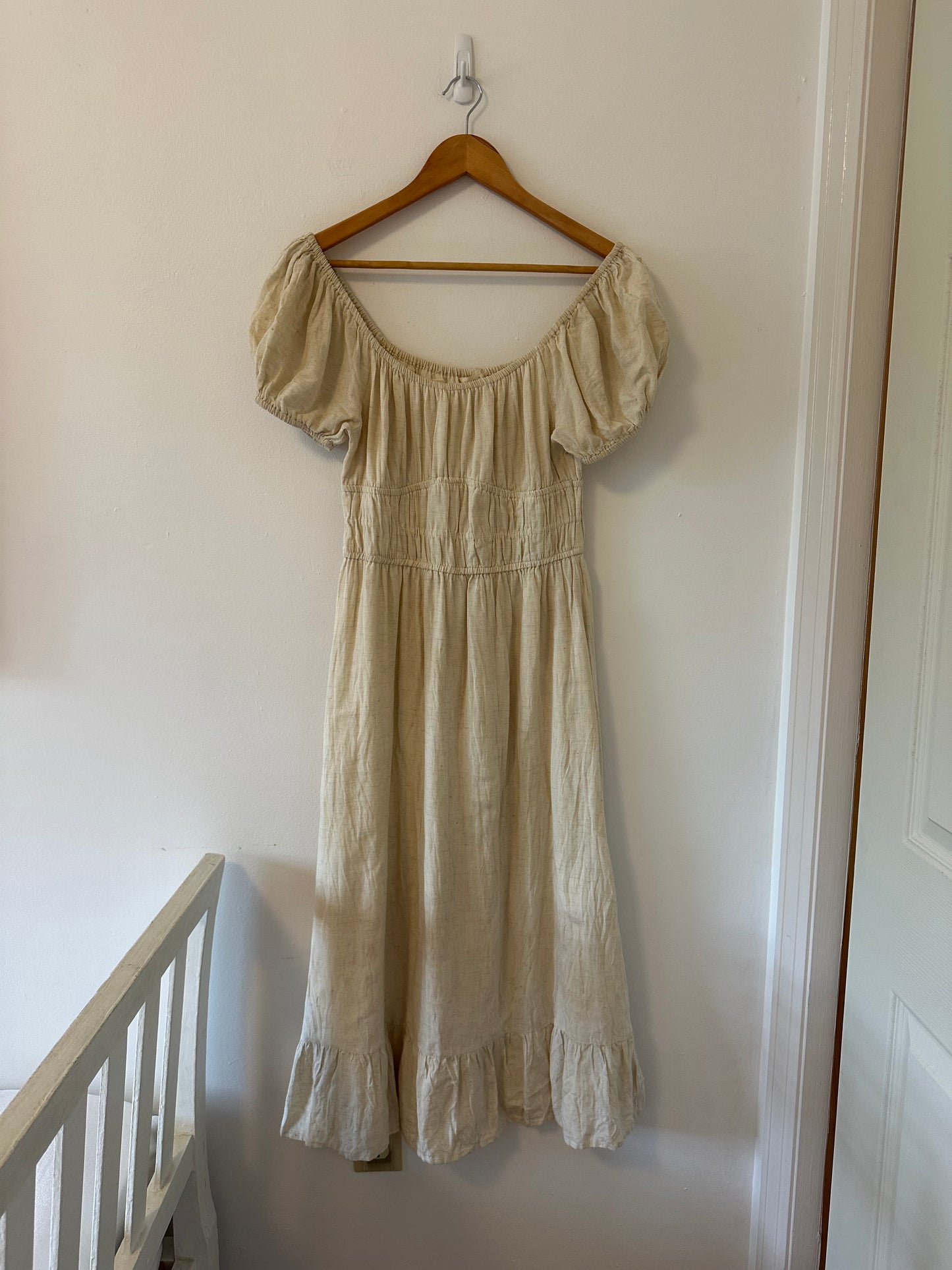 Sim & Sam Cream Puff Sleeve Rayon Linen Midi Dress - Size Medium