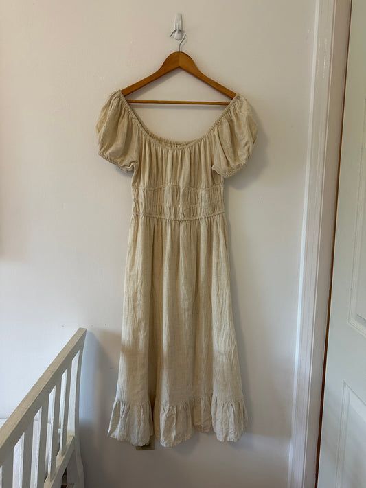 Sim & Sam Cream Puff Sleeve Rayon Linen Midi Dress - Size Medium
