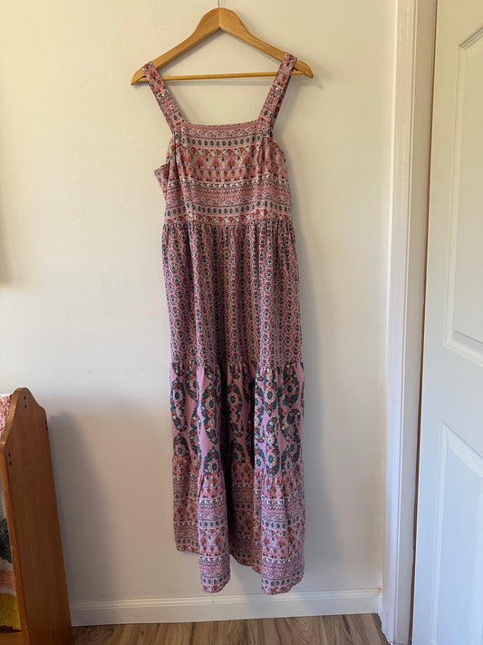 Knox Rose Boho Smocked Maxi Dress in Pink Print | Size Medium