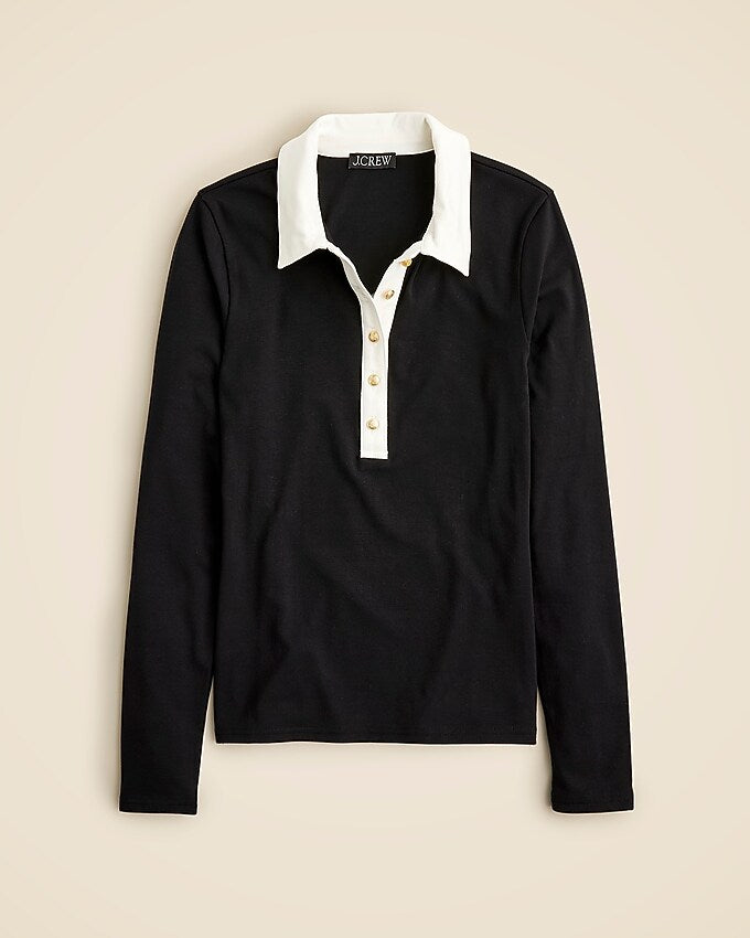 J.Crew Refined Rib Black and White Long Sleeve Polo Shirt | Size Small