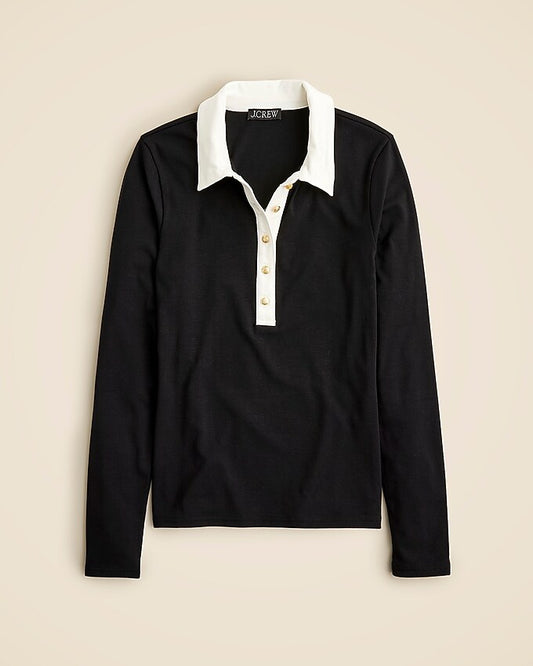 J.Crew Refined Rib Black and White Long Sleeve Polo Shirt | Size Small