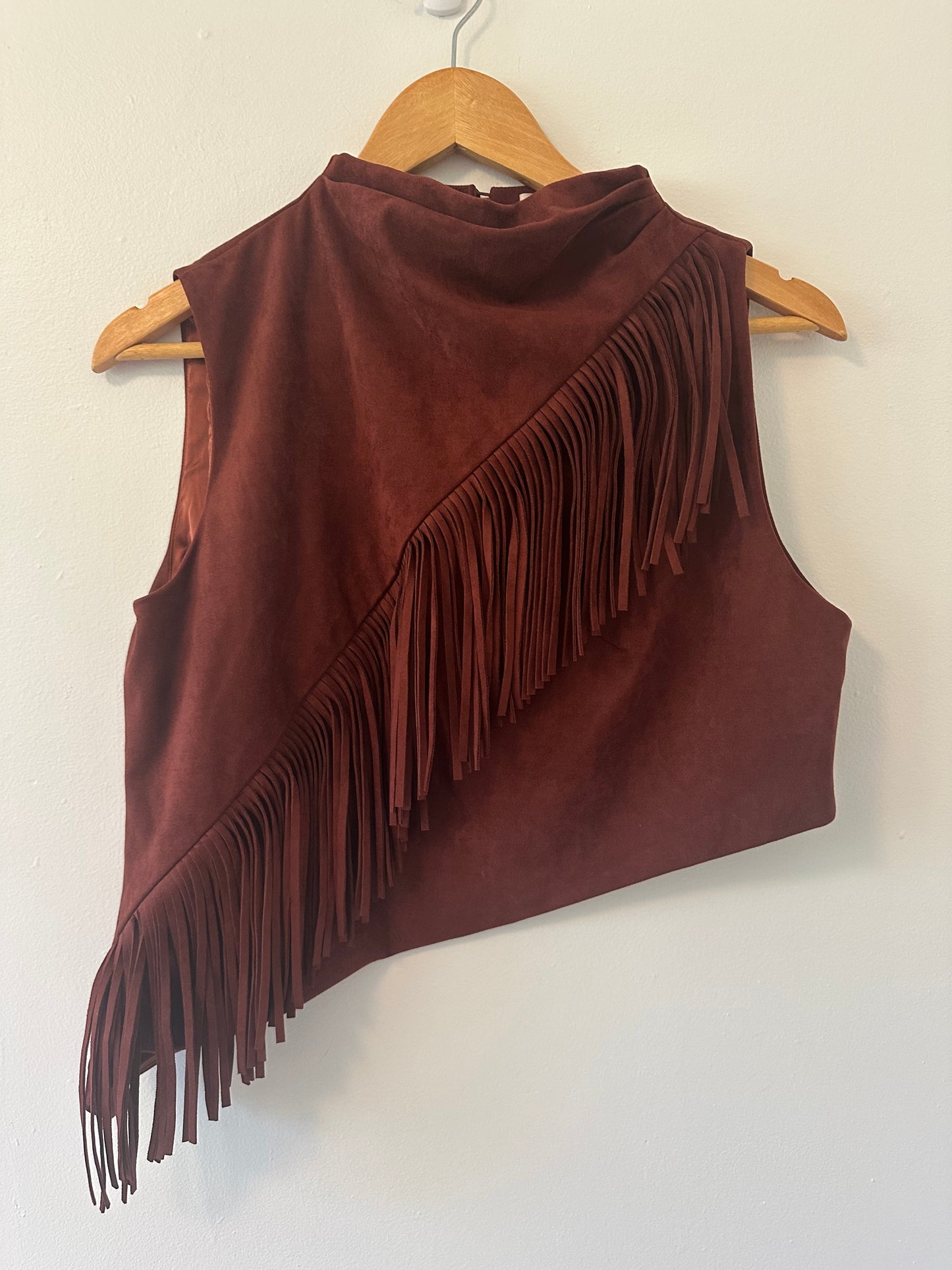 JW Pei Adeline Asymmetric Fringe Sueded Top in Burgundy - Size 8
