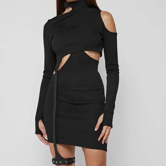 NWT Maniere De Voir Black Cut Out Ribbed Dress - Size 6