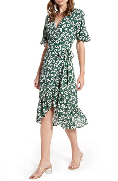 Rails Florence Daisy Print Flutter Sleeve Wrap Dress In Green | Size Small