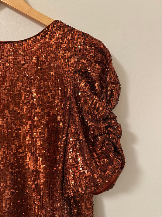 Anthropologie Marie Sequin Puff Sleeve Blouse in Copper | Size 6