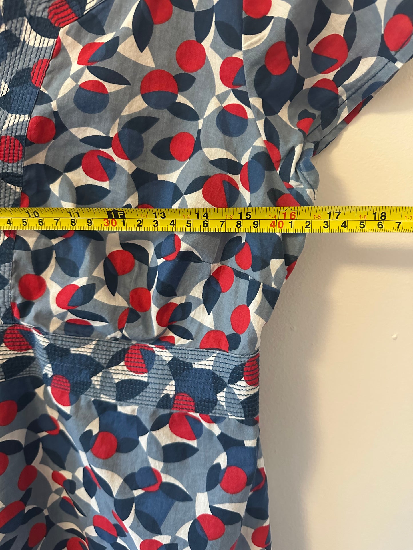 Boden Notch Neck Poplin Blue and Red Patterned Blouse - Size 12