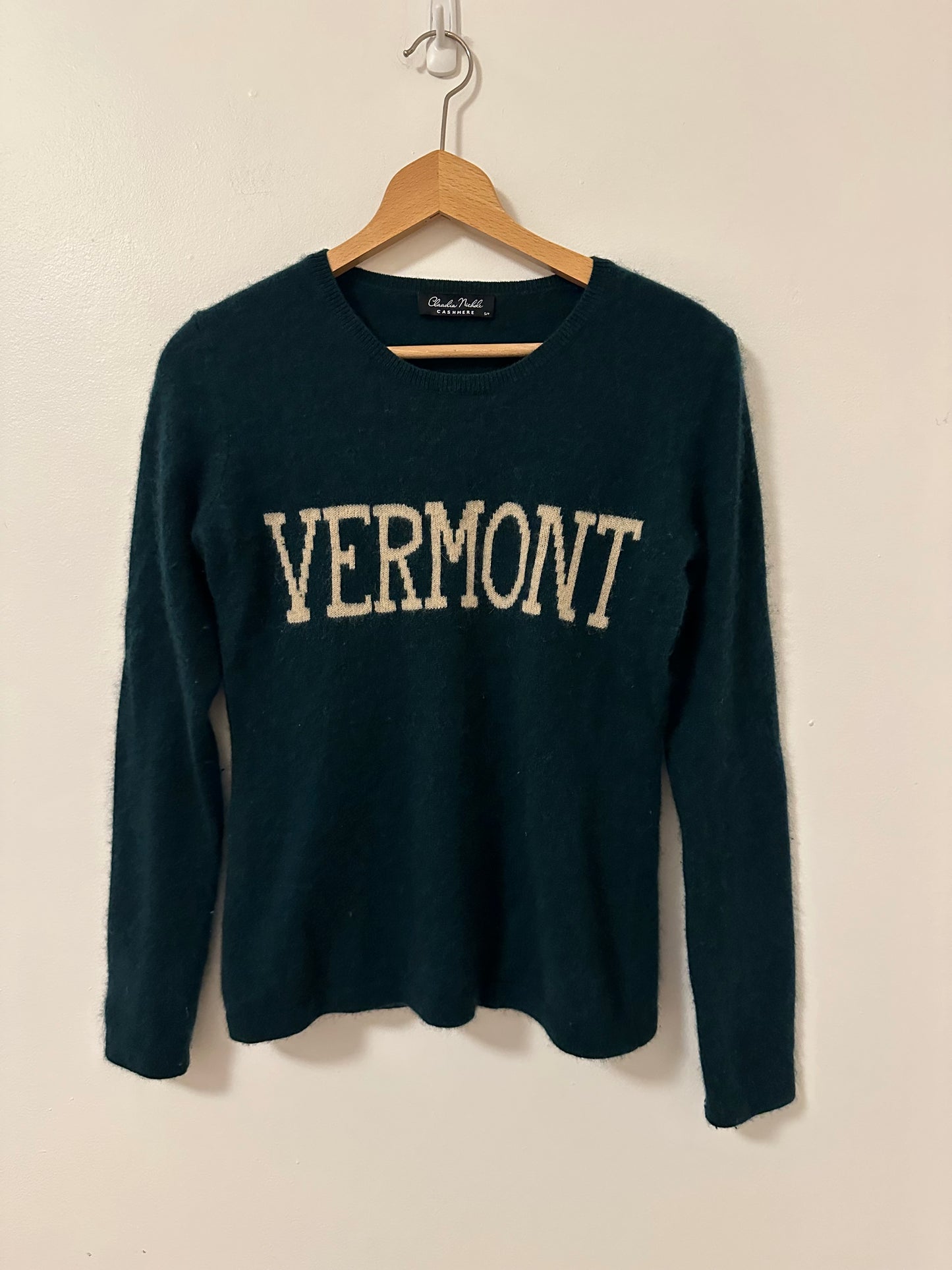 Claudia Nichole Women's Cashmere Sweater Green With Vermont Logo Size Small