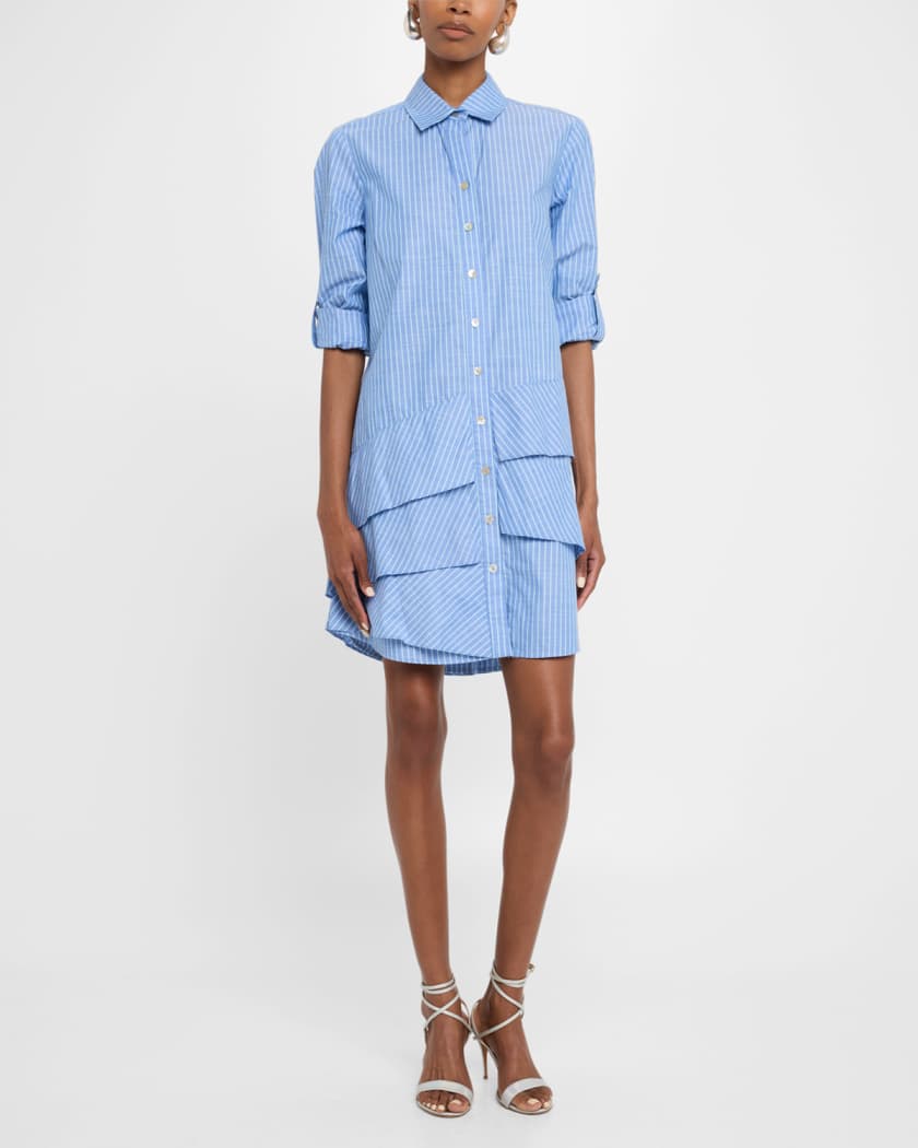 Finley Jenna Striped Ruffle Shirt Dress in Blue and White - Size Medium