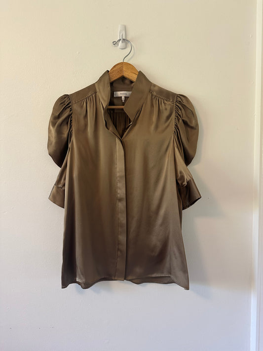 Frame Gillian Silk Puff Sleeve Blouse in Brown | Size Medium