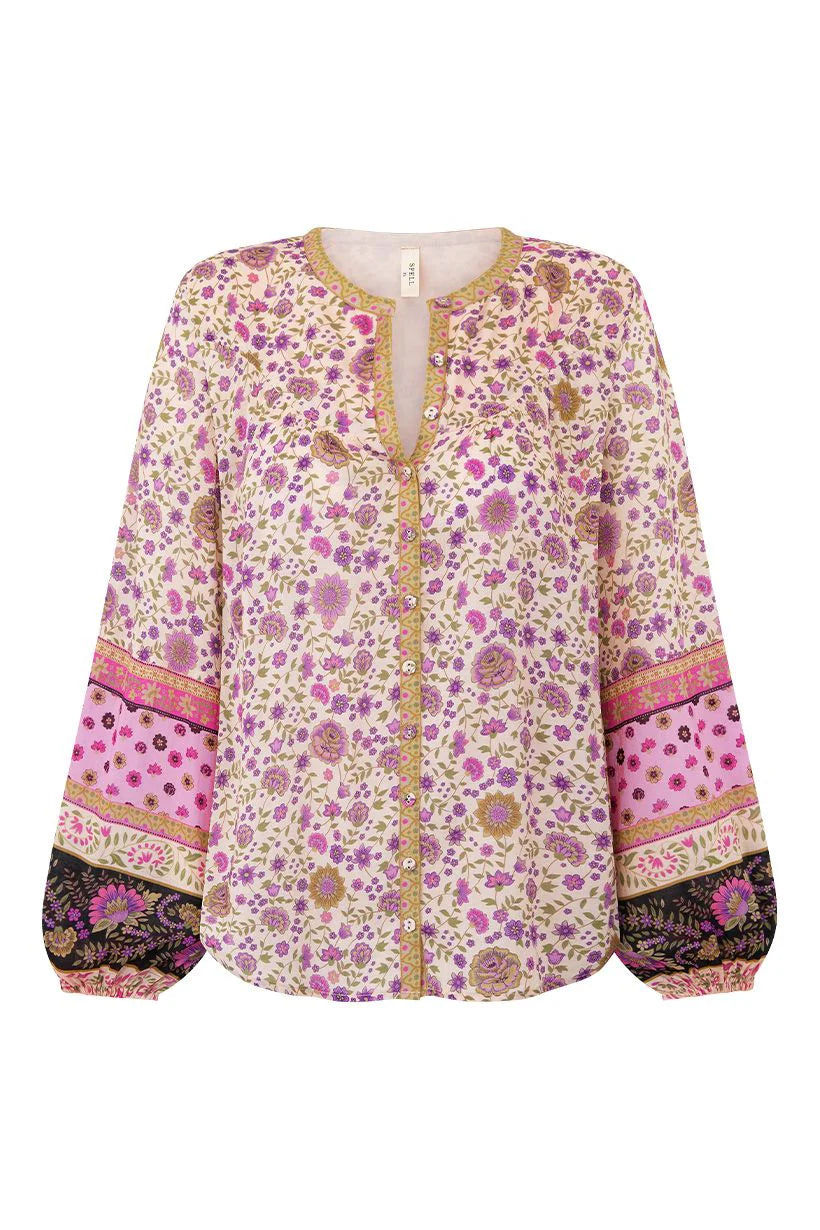 Spell Lady Untamed Floral V-Neck Blouse in Lavender - Size Small