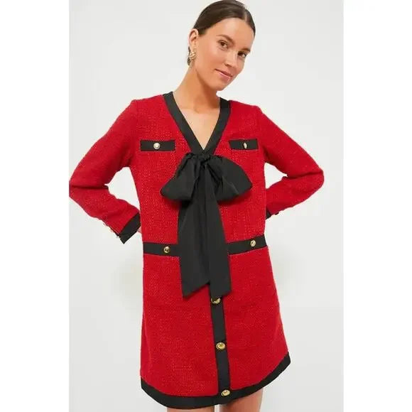Tuckernuck Pomander Place - Red Tweed Coco Bow Detail Dress | Size Medium